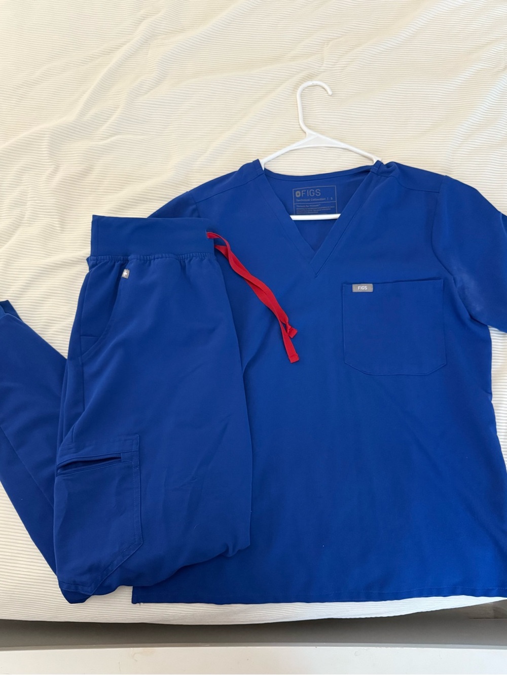 Figs Royal Blue Scrub Top and Pants with Red Drawstring